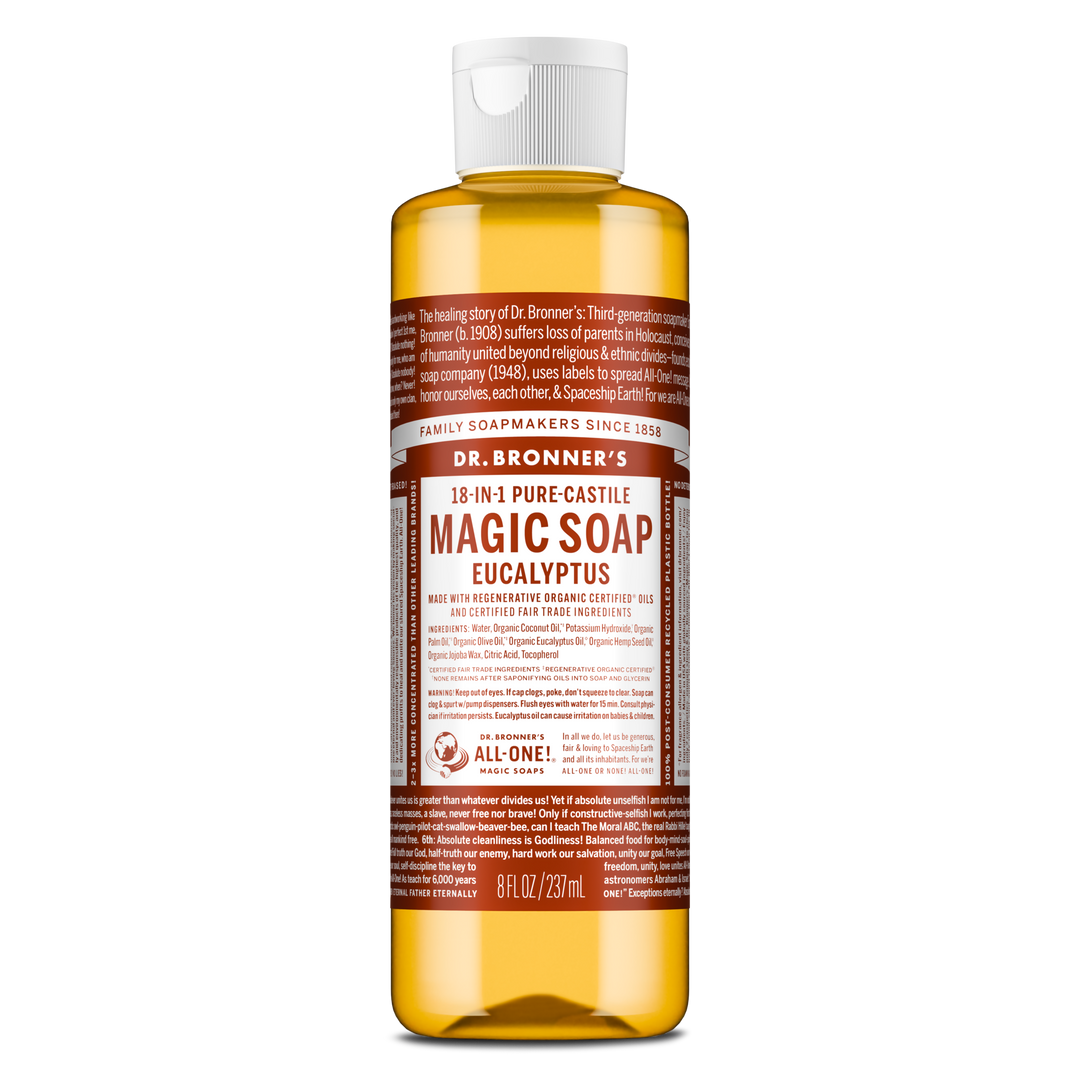 A bottle of Dr. Bronners 18 in 1 Pure Castile Magic Soap in eucalyptus scent stands upright. Its brown and white label details its uses and organic certification. Capacity 8 fl oz237 ml [8 oz]
