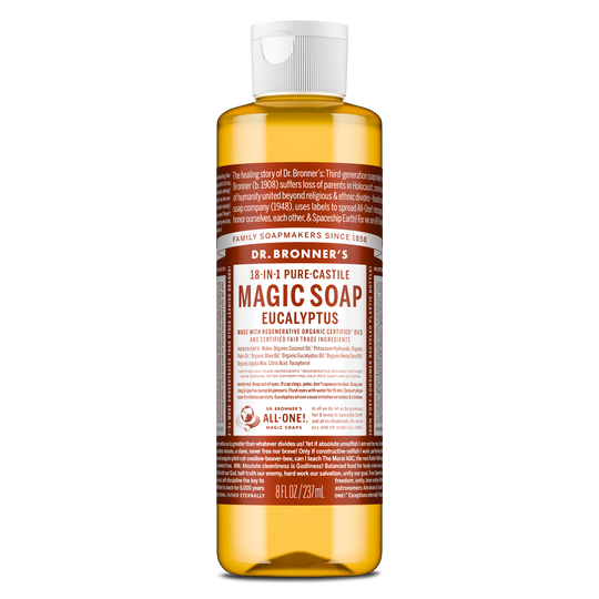 A bottle of Dr. Bronners 18 in 1 Pure Castile Magic Soap in eucalyptus scent stands upright. Its brown and white label details its uses and organic certification. Capacity 8 fl oz237 ml [8 oz]