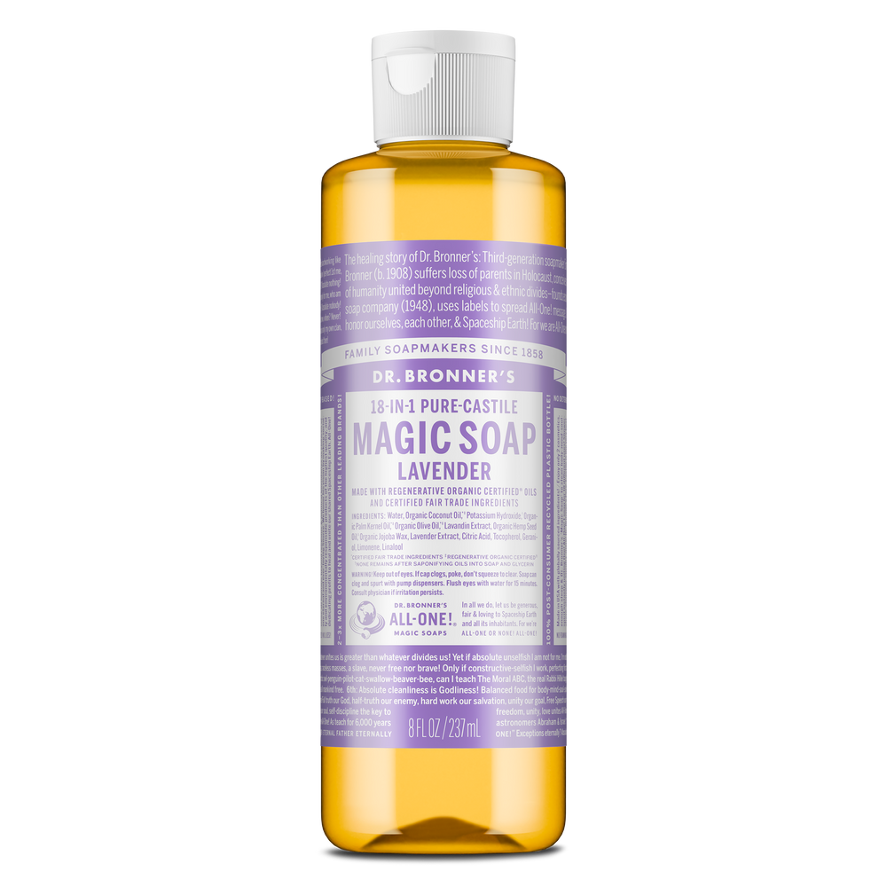 A bottle of Dr. Bronners 18 in 1 Pure Castile Magic Soap Lavender is seen standing upright. Its label features extensive text detailing ingredients and uses against a plain background [8 oz]
