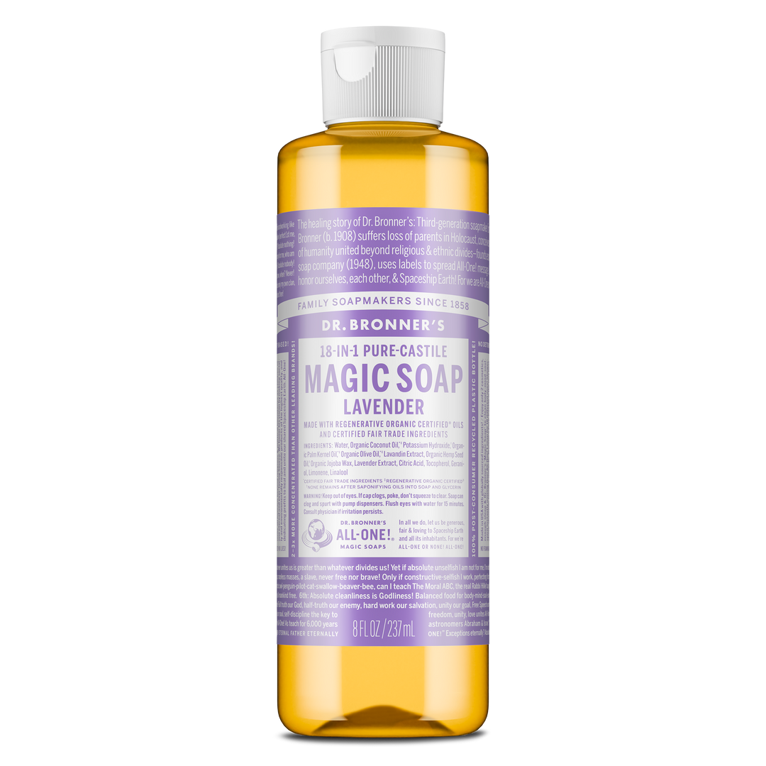 A bottle of Dr. Bronners 18 in 1 Pure Castile Magic Soap Lavender is seen standing upright. Its label features extensive text detailing ingredients and uses against a plain background [8 oz]
