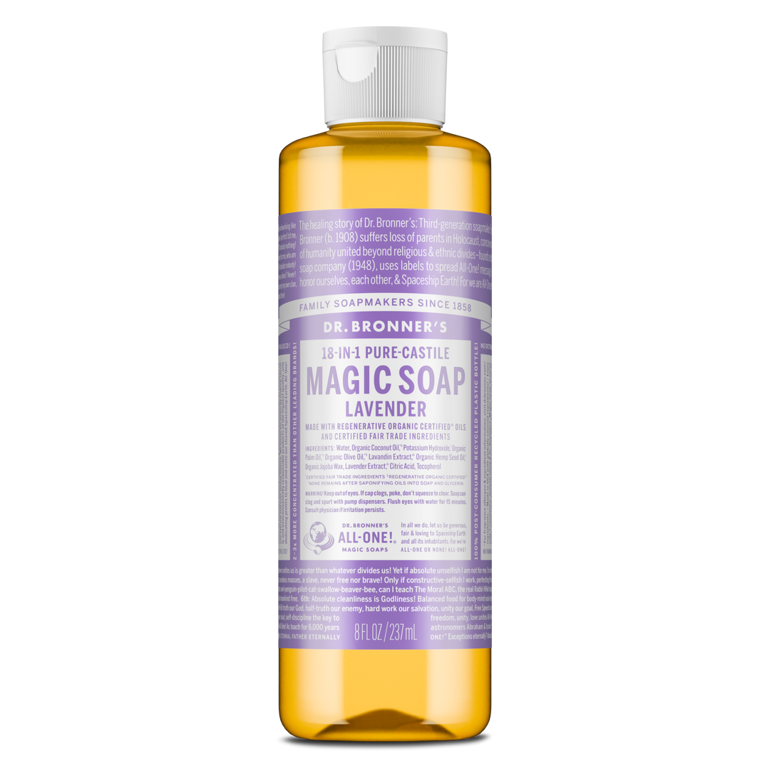 A bottle of Dr. Bronners 18 in 1 Pure Castile Magic Soap Lavender is seen standing upright. Its label features extensive text detailing ingredients and uses against a plain background [8 oz]