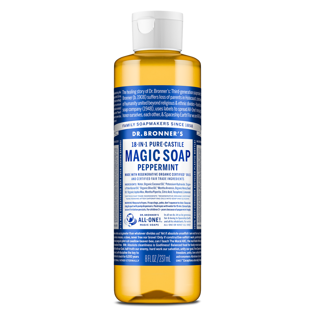 A bottle of Dr. Bronners Pure Castile Peppermint Soap stands upright. The blue label includes comprehensive text detailing ingredients and uses, emphasizing its organic, vegan, eco friendly, and biodegradable qualities [8 oz]