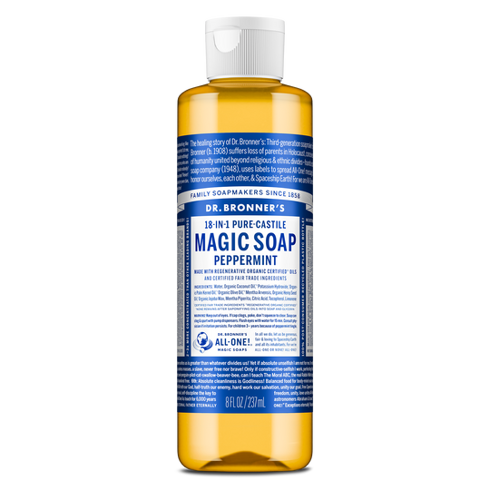 A bottle of Dr. Bronners Pure Castile Peppermint Soap stands upright. The blue label includes comprehensive text detailing ingredients and uses, emphasizing its organic, vegan, eco friendly, and biodegradable qualities [8 oz]