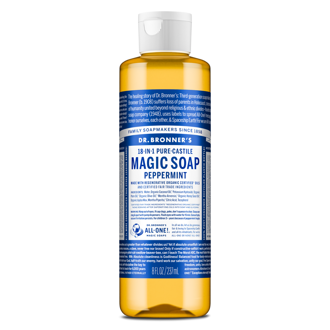 A bottle of Dr. Bronners Pure Castile Peppermint Soap stands upright. The blue label includes comprehensive text detailing ingredients and uses, emphasizing its organic, vegan, eco friendly, and biodegradable qualities [8 oz]