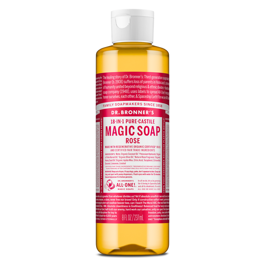 A bottle of Dr. Bronners 18 in 1 Pure Castile Magic Soap Rose variant, featuring a detailed label with text highlighting its regenerative organic certified oils and fair trade ingredients. 8 FL OZ [8 oz]