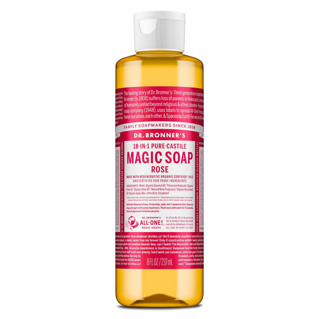 A bottle of Dr. Bronners 18 in 1 Pure Castile Magic Soap Rose variant, featuring a detailed label with text highlighting its regenerative organic certified oils and fair trade ingredients. 8 FL OZ [8 oz]