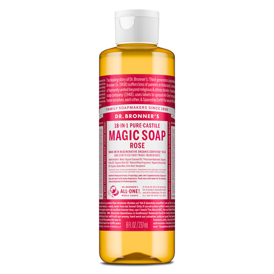 A bottle of Dr. Bronners 18 in 1 Pure Castile Magic Soap Rose variant, featuring a detailed label with text highlighting its regenerative organic certified oils and fair trade ingredients. 8 FL OZ [8 oz]