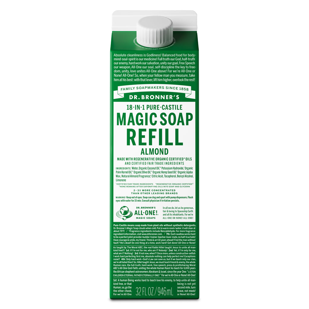 Dr. Bronners 18 in 1 Pure Castile Magic Soap Refill Almond carton displays text about organic and fair trade ingredients, emphasizing sustainability. Contains organic oils, non toxic, eco friendly. Capacity 32 fl oz [32 oz]
