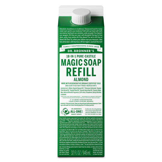 Dr. Bronners 18 in 1 Pure Castile Magic Soap Refill Almond carton displays text about organic and fair trade ingredients, emphasizing sustainability. Contains organic oils, non toxic, eco friendly. Capacity 32 fl oz [32 oz]