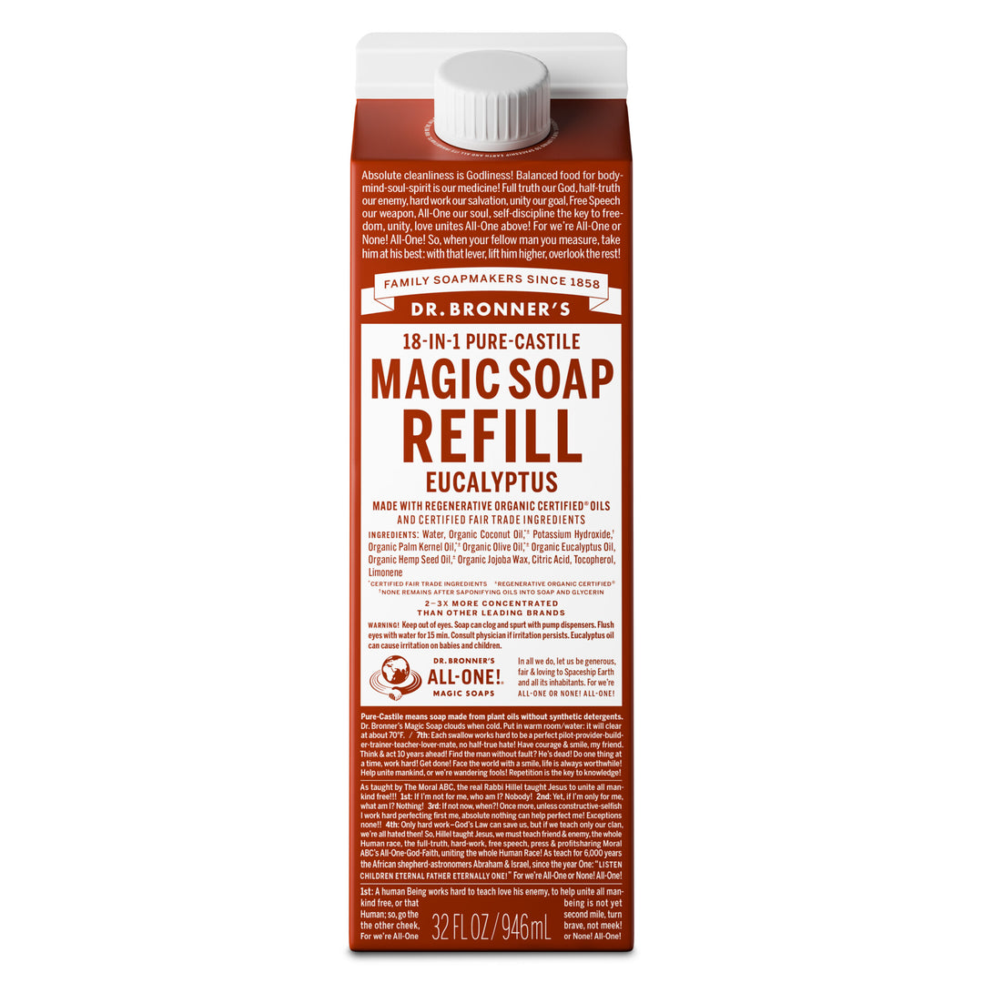 A carton displays DR. BRONNERS 18 IN 1 PURE CASTILE MAGIC SOAP REFILL EUCALYPTUS text prominently. Featuring fair trade organic ingredients, it champions sustainability in personal care within a versatile refillable packaging [32 oz]