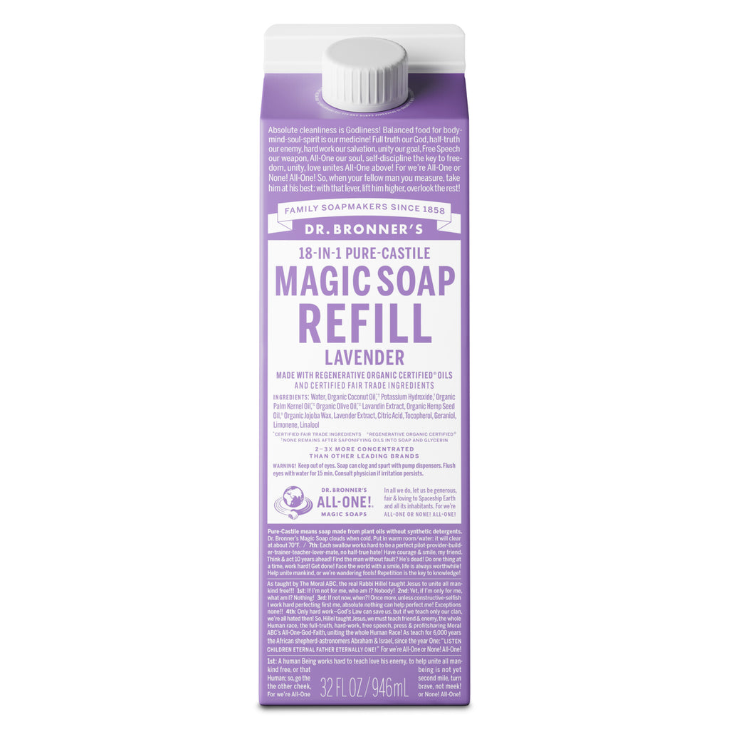 A purple carton labeled Dr. Bronners Magic Soap Refill Lavender with text detailing organic certification, ingredients, and usage. This eco friendly, vegan product is ideal for sustainable living and organic skincare [32 oz]