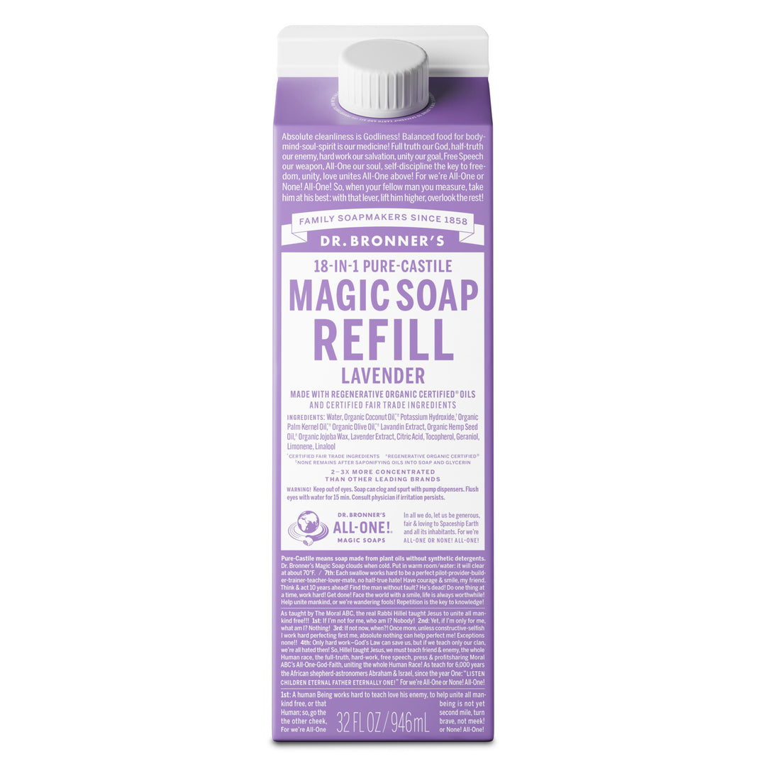 A purple carton labeled Dr. Bronners Magic Soap Refill Lavender with text detailing organic certification, ingredients, and usage. This eco friendly, vegan product is ideal for sustainable living and organic skincare [32 oz]