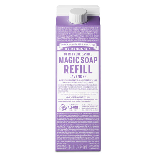 A purple carton labeled Dr. Bronners Magic Soap Refill Lavender with text detailing organic certification, ingredients, and usage. This eco friendly, vegan product is ideal for sustainable living and organic skincare [32 oz]