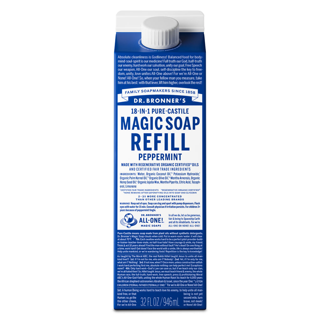 A blue carton labeled Dr. Bronners Magic Soap Refill Peppermint stands upright, featuring text on sustainable, fair trade ingredients. The background is plain white, emphasizing eco friendly soap packaging [32 oz]