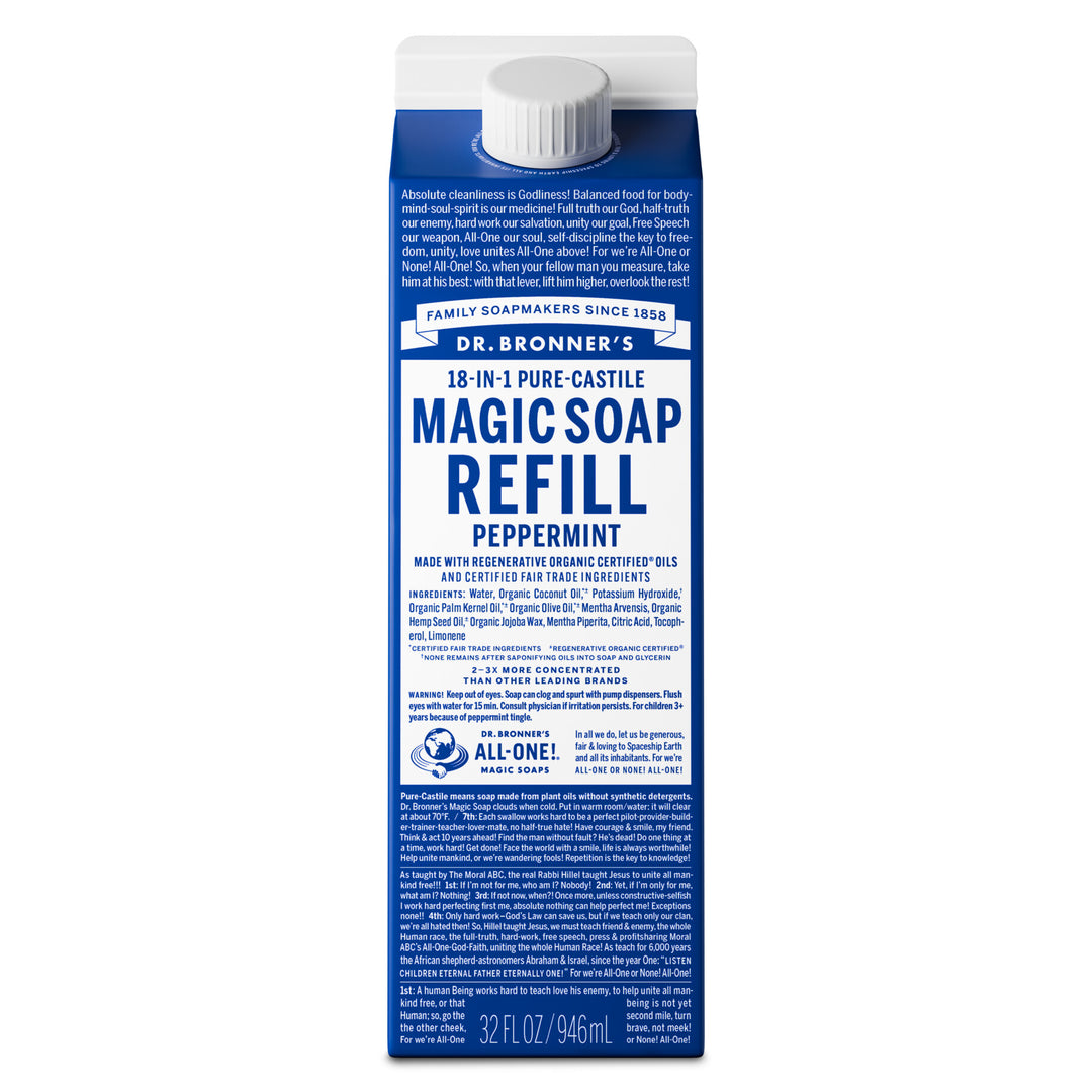 A blue carton labeled Dr. Bronners Magic Soap Refill Peppermint stands upright, featuring text on sustainable, fair trade ingredients. The background is plain white, emphasizing eco friendly soap packaging [32 oz]