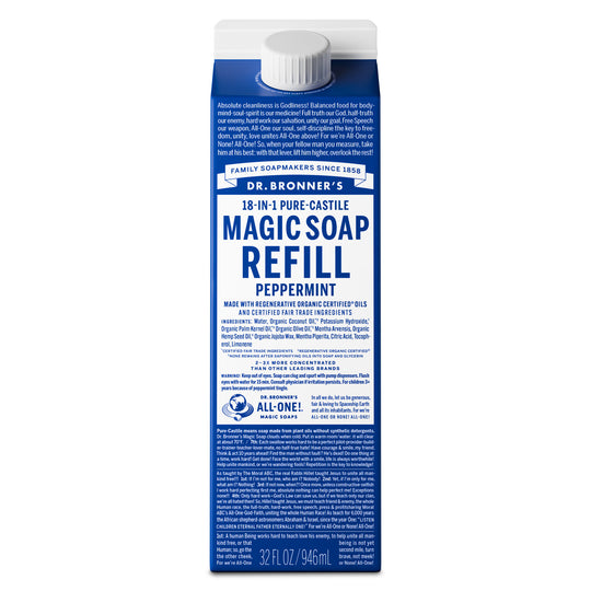 A blue carton labeled Dr. Bronners Magic Soap Refill Peppermint stands upright, featuring text on sustainable, fair trade ingredients. The background is plain white, emphasizing eco friendly soap packaging [32 oz]