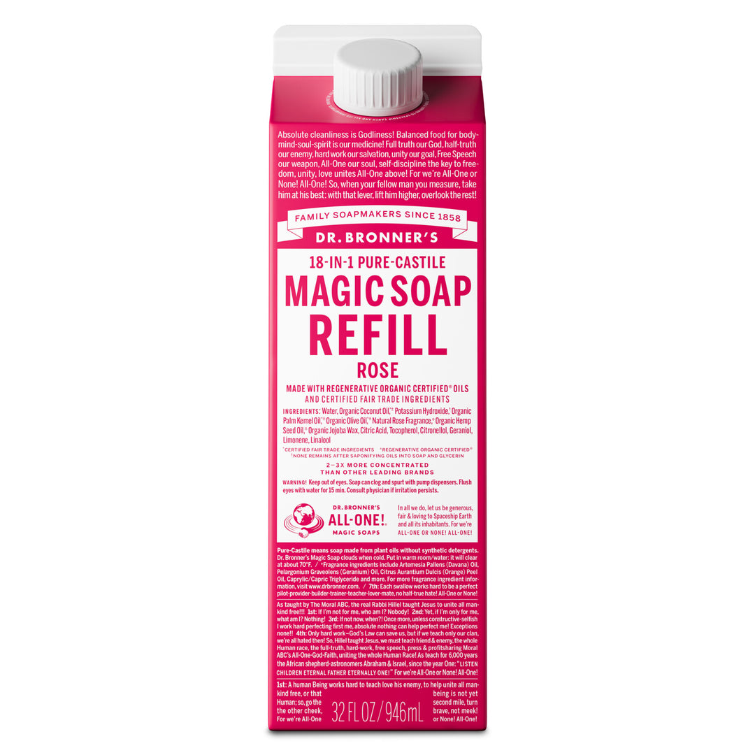 A carton of Dr. Bronners Magic Soap Refill in rose scent, highlighting 18 in 1 pure castile soap uses. Made with organic and fair trade ingredients like coconut and palm kernel oil, 32 fl oz [32 oz]