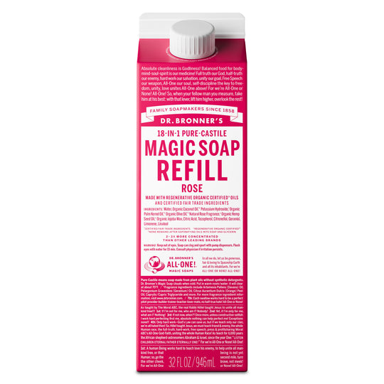 A carton of Dr. Bronners Magic Soap Refill in rose scent, highlighting 18 in 1 pure castile soap uses. Made with organic and fair trade ingredients like coconut and palm kernel oil, 32 fl oz [32 oz]