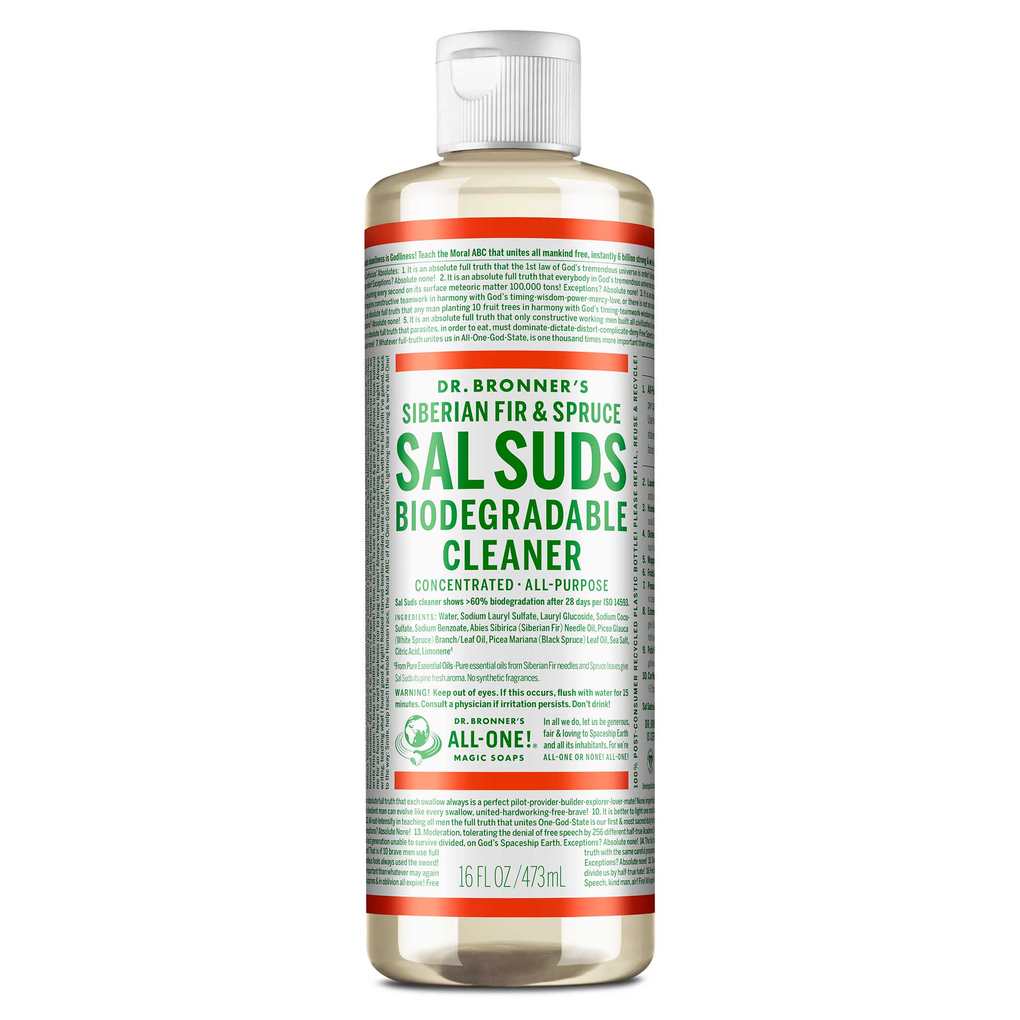 A 16 fl oz bottle of Dr. Bronners Sal Suds Biodegradable Cleaner stands upright. The label highlights Siberian Fir Spruce, concentrated all purpose use, and eco friendly credentials, offering versatile cleaning solutions [16 oz]