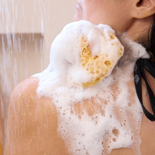 A natural sponge creates rich foam on a persons shoulder under a shower. The setting is a bathroom, highlighting eco friendly and hydrating aspects for skincare, ideal for Dr. Bronners liquid Castile soap [2 oz, 3.4 oz, 4 oz, 8 oz, 16 oz, 32 oz, 1 Gallon]