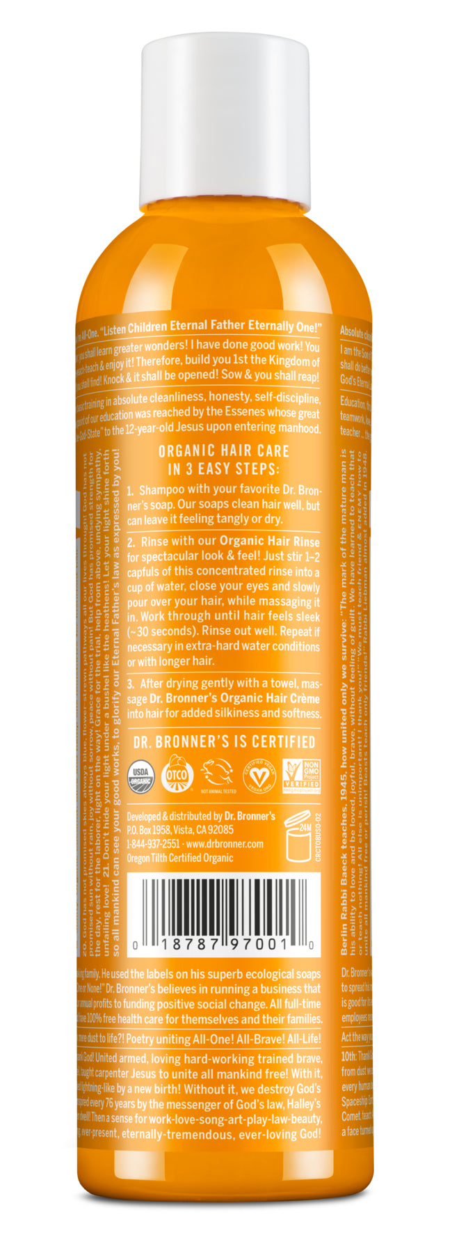 Dr. Bronner’s bottle with white cap featuring an organic hair care guide, certification logos, and product details including three-step hair care instructions.