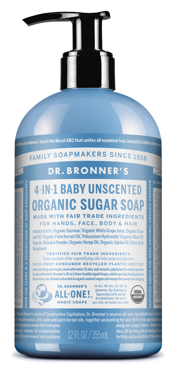 Baby Unscented Organic Sugar Soaps | No Clog Pump | Dr. Bronner's